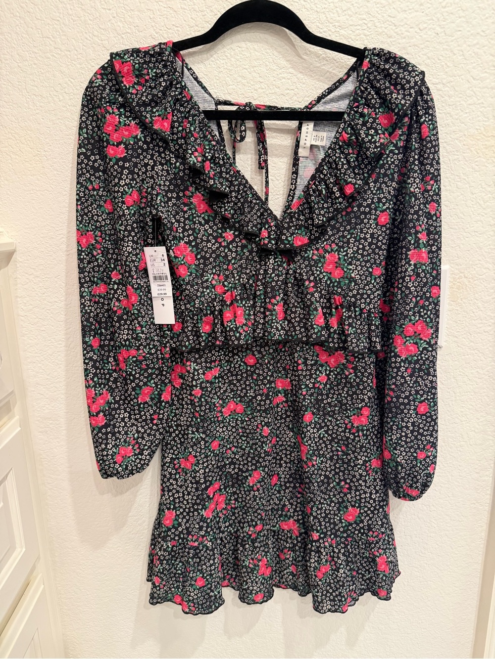 Floral Ruffle Dress - Dark Blue with Pink Roses